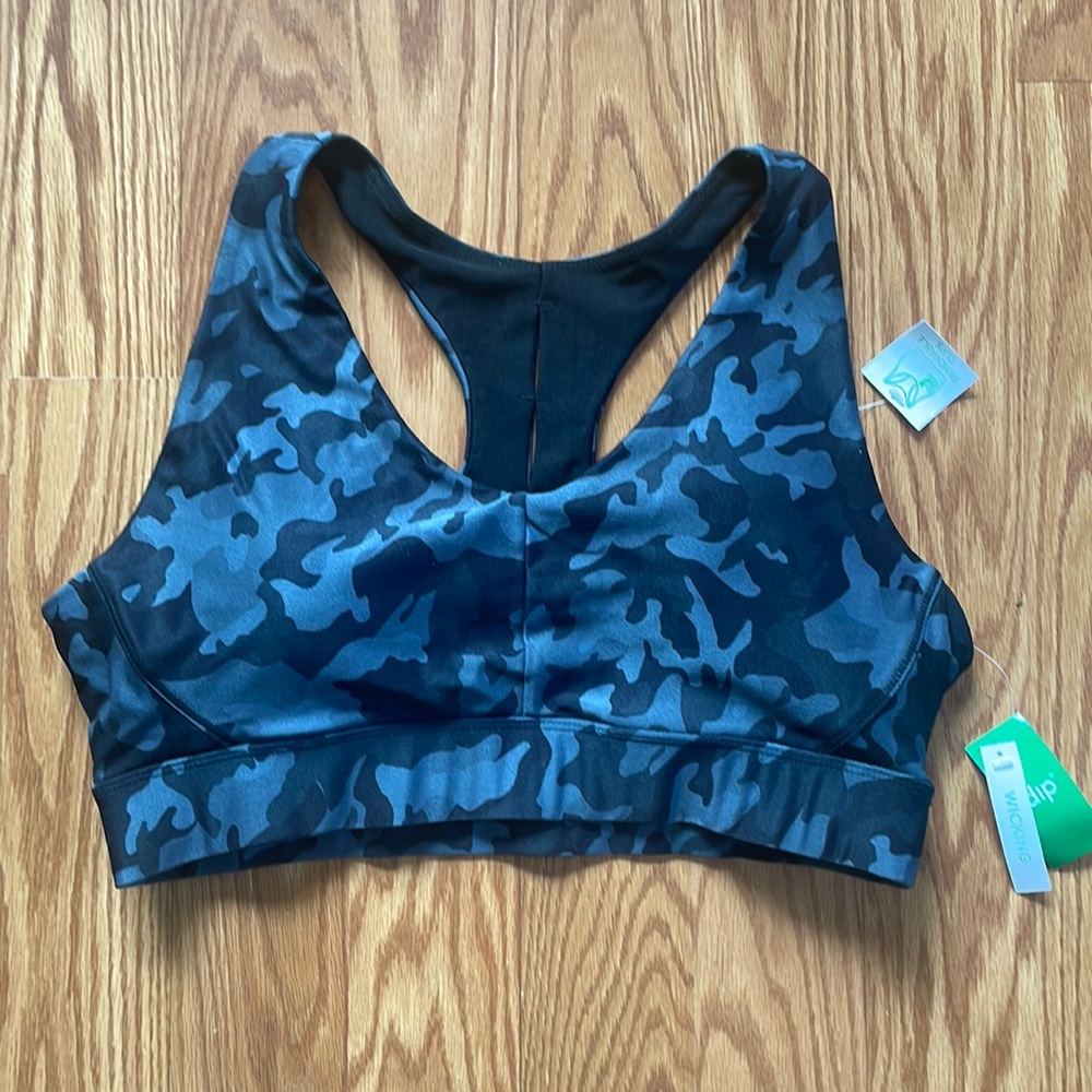 NWT Dip Gray and Black Camo Print Racerback Sports Bra w/ Removable Pads Size XL